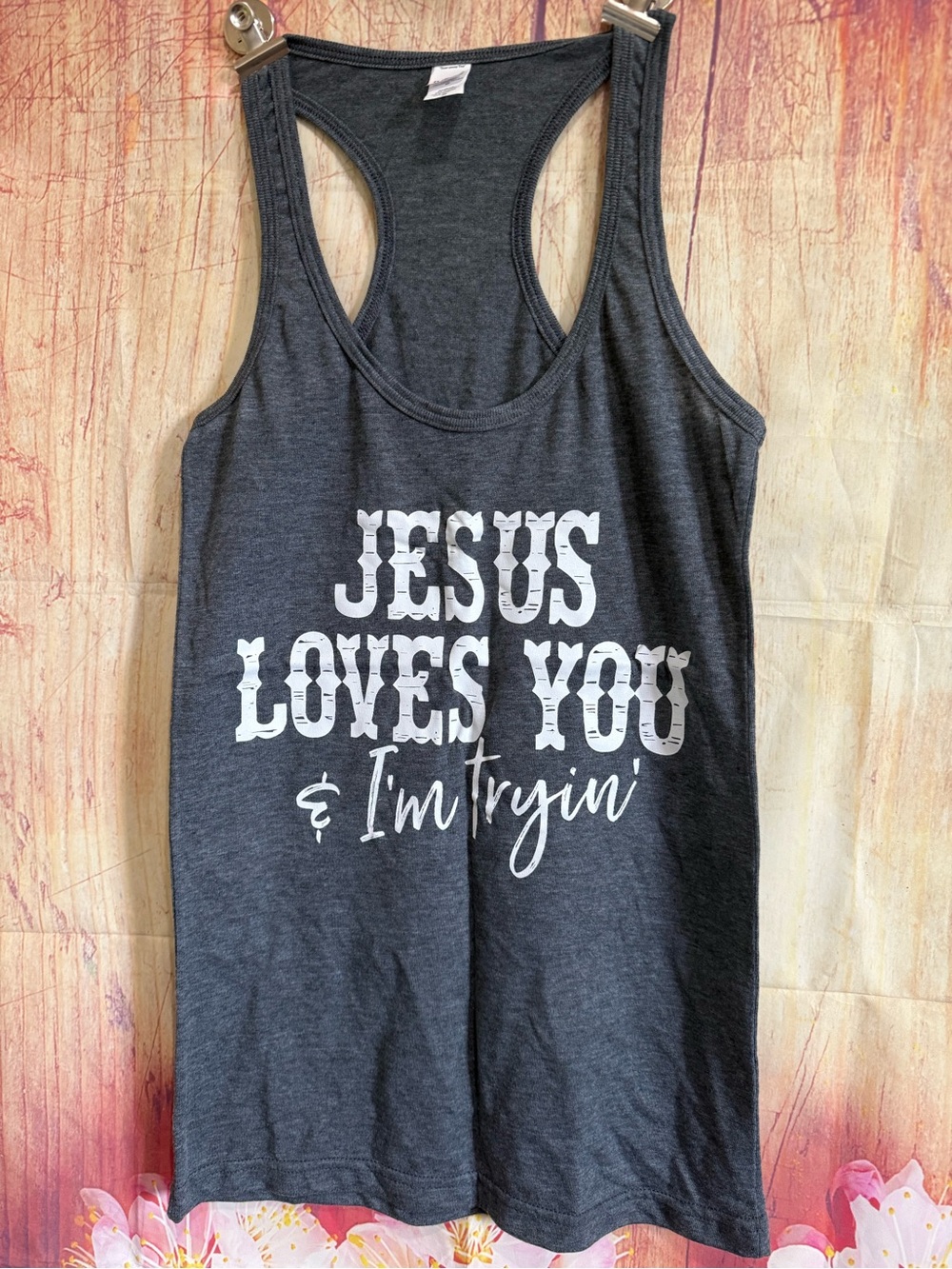 Grey Graphic Racerback Tank "JESUS LOVES YOU"